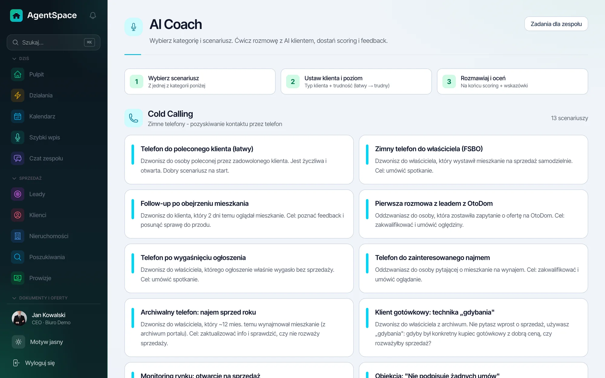 AI Coach: lista scenariuszy i zadania od menedżera
